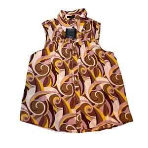Pleione Retro Swirl Sleeveless Blouse M Button Front Collared Top